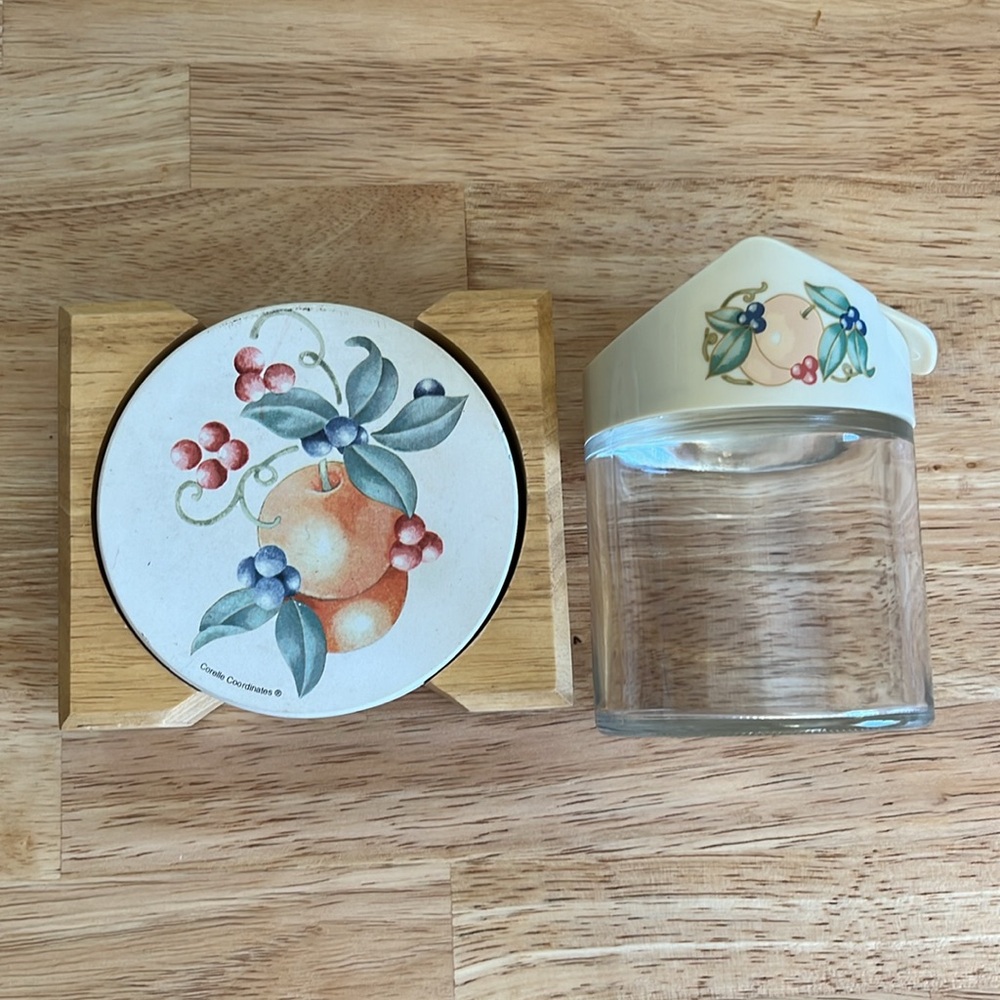 Corelle (Abundance) coasters in wood holder w/Gemco matching glass sugar bowl